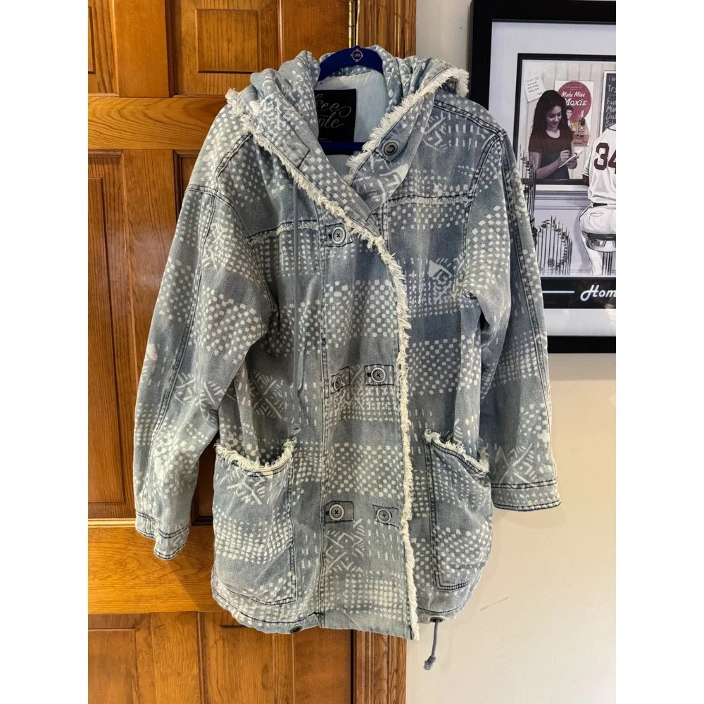 Free People Hooded Denim Jacket Boho Raw Edge Utility Coat L - Picture 2 of 10
